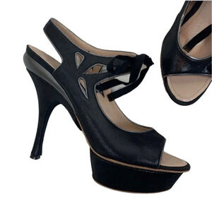 Nina Ricci Black Leather Cutout Platform Heels Designer Classic Party Women’s 40